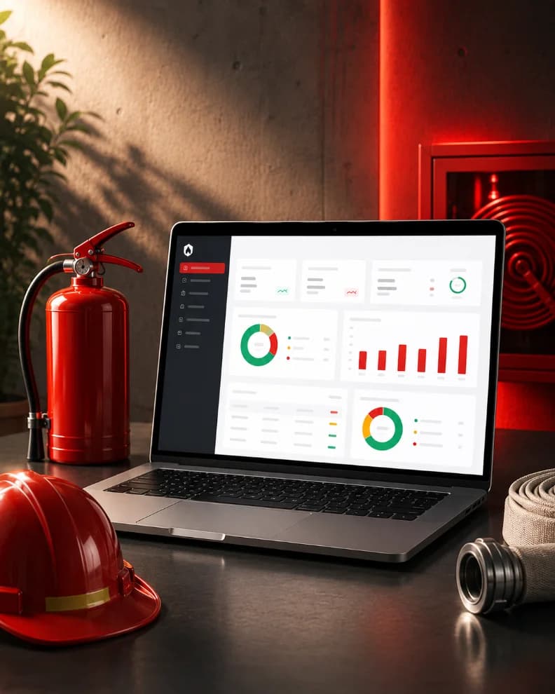 Fire and safety ERP dashboard on a laptop beside an extinguisher, helmet and hose reel