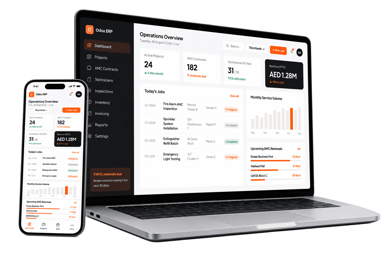 Odox Fire and Safety ERP shown on a laptop dashboard and a technician mobile app