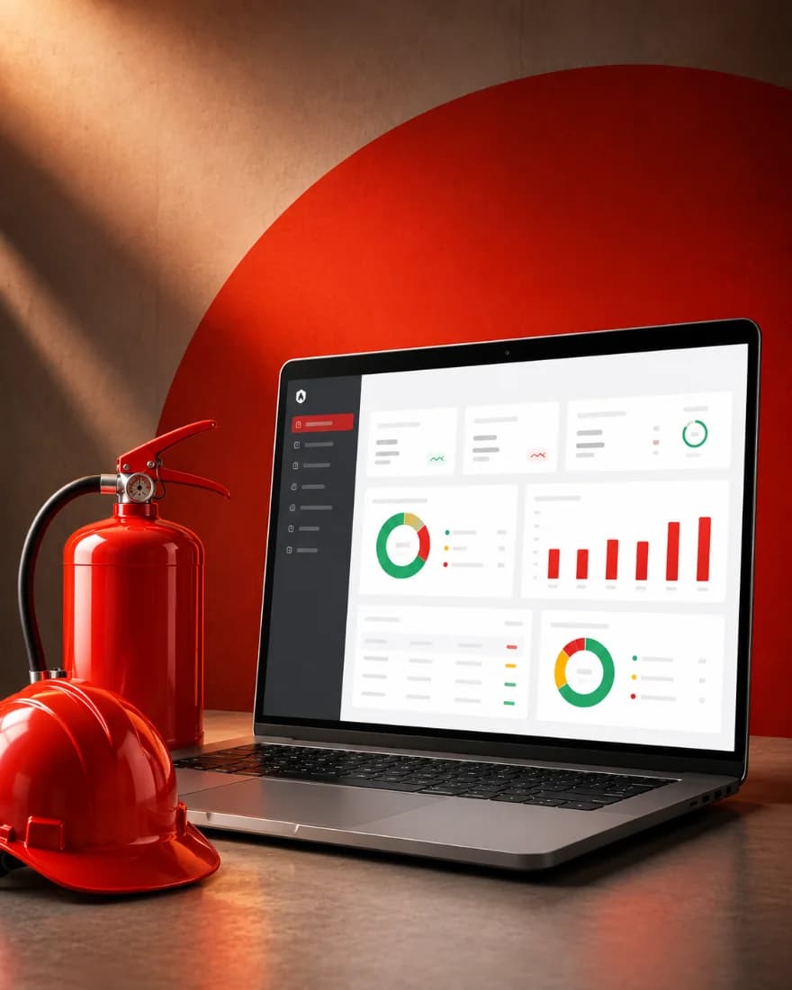 Odox Fire & Safety ERP dashboard open on a laptop beside a fire extinguisher and safety helmet