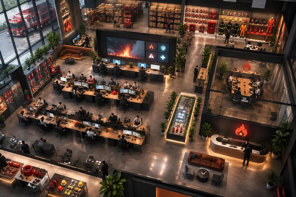 Fire and safety company operations floor: teams at workstations, a live monitoring wall, and extinguisher and equipment displays