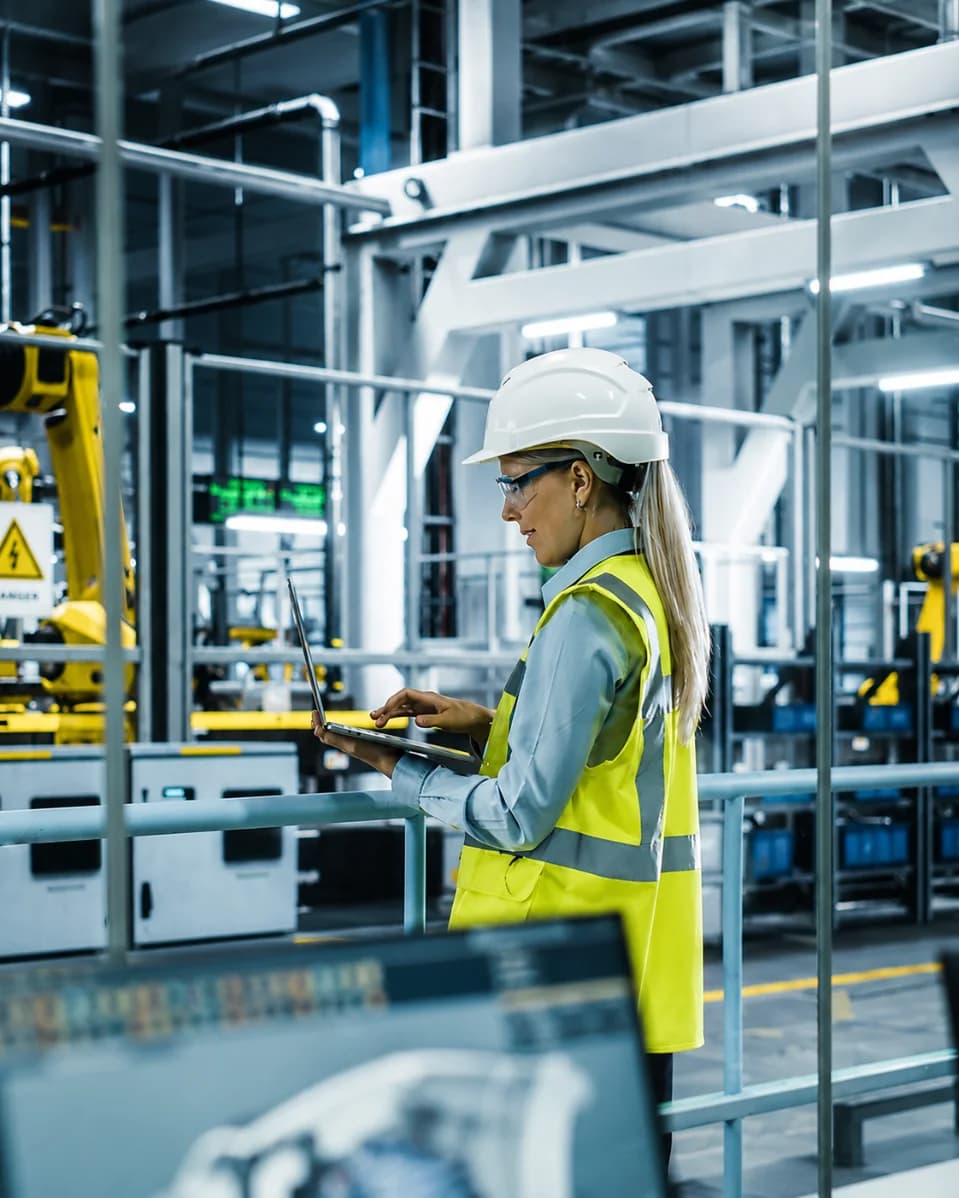Engineer in a hard hat and high-visibility vest using a laptop on a walkway above robotic assembly cells