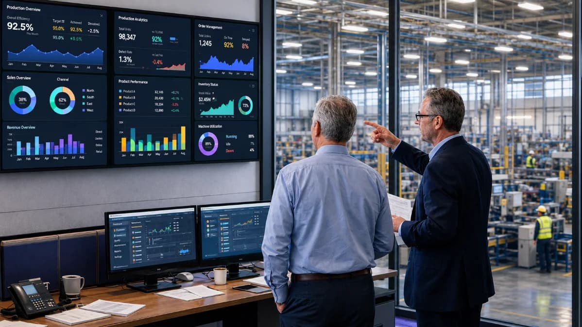 Two managers reviewing production analytics on wall-mounted screens in a control room overlooking the factory floor