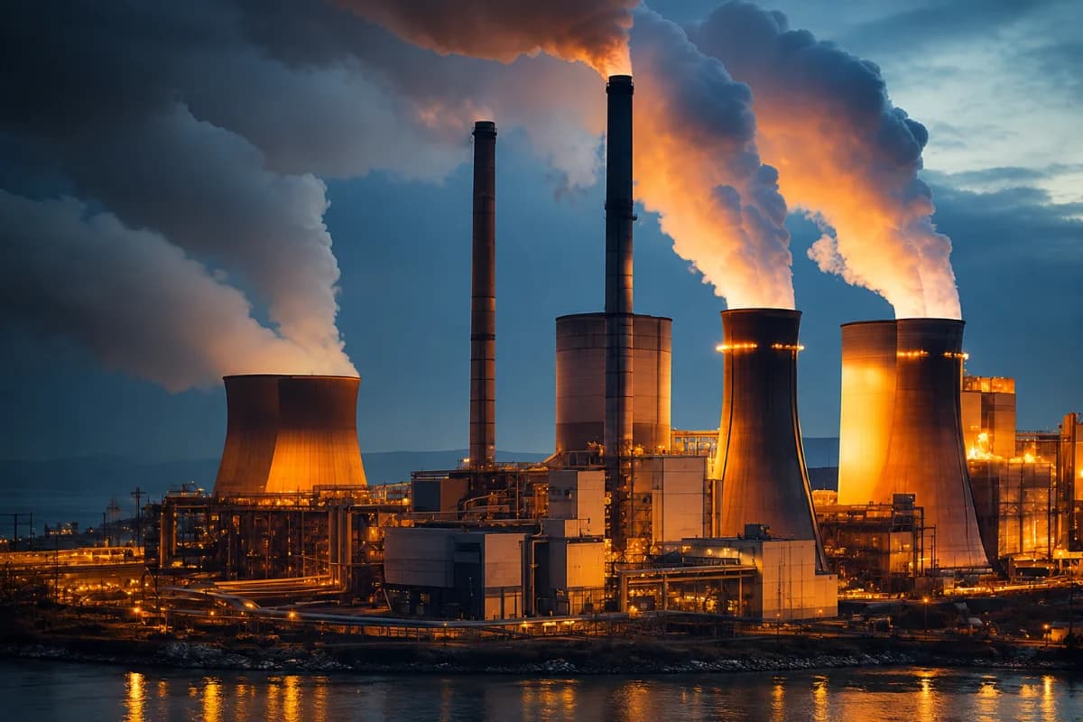 Industrial manufacturing plant lit at dusk, steam rising from its cooling towers